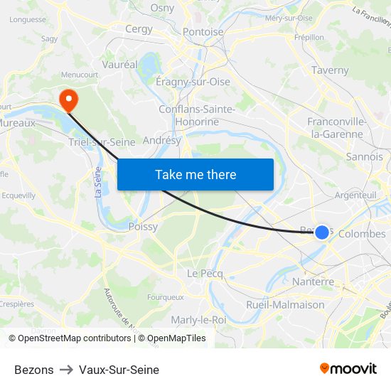 Bezons to Vaux-Sur-Seine map
