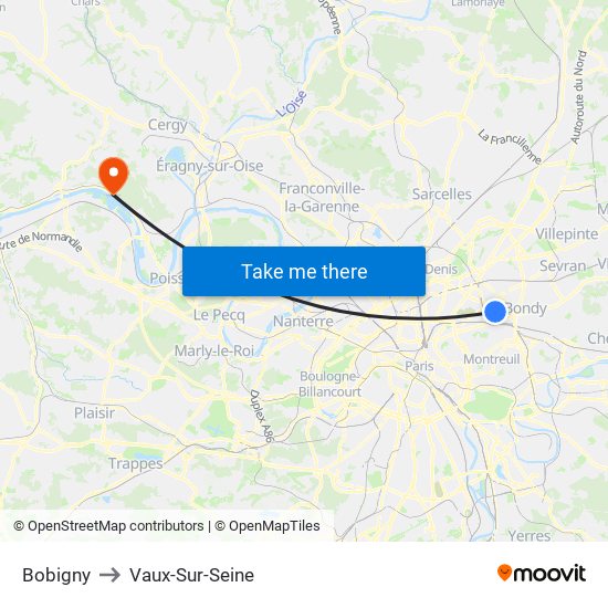 Bobigny to Vaux-Sur-Seine map