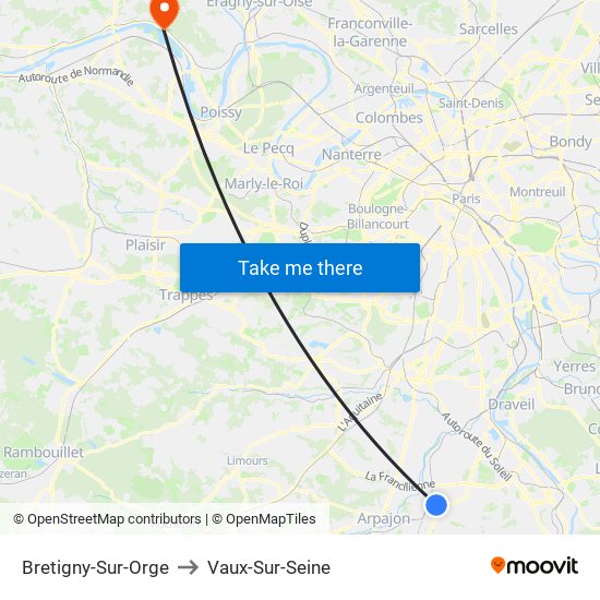 Bretigny-Sur-Orge to Vaux-Sur-Seine map