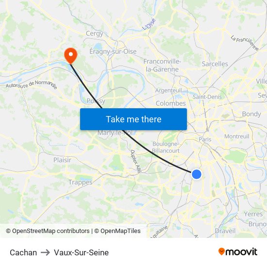 Cachan to Vaux-Sur-Seine map