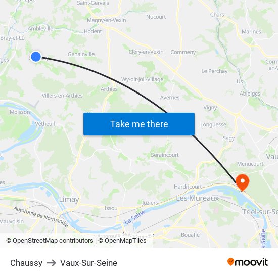 Chaussy to Vaux-Sur-Seine map