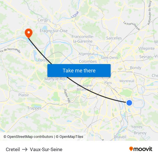 Creteil to Vaux-Sur-Seine map