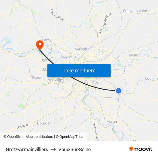 Gretz-Armainvilliers to Vaux-Sur-Seine map