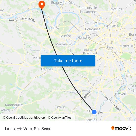 Linas to Vaux-Sur-Seine map
