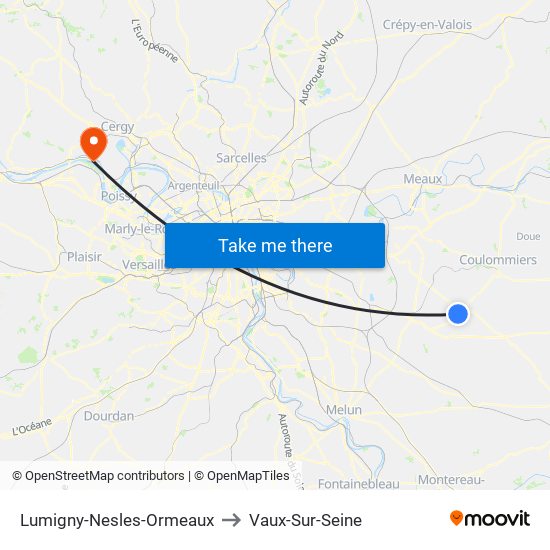 Lumigny-Nesles-Ormeaux to Vaux-Sur-Seine map