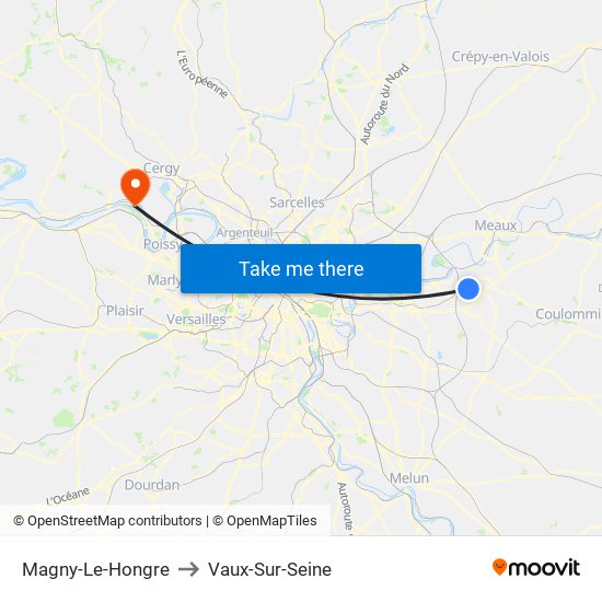 Magny-Le-Hongre to Vaux-Sur-Seine map