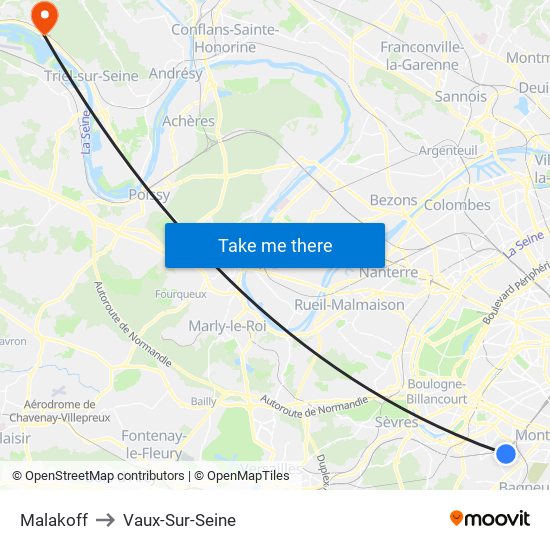Malakoff to Vaux-Sur-Seine map