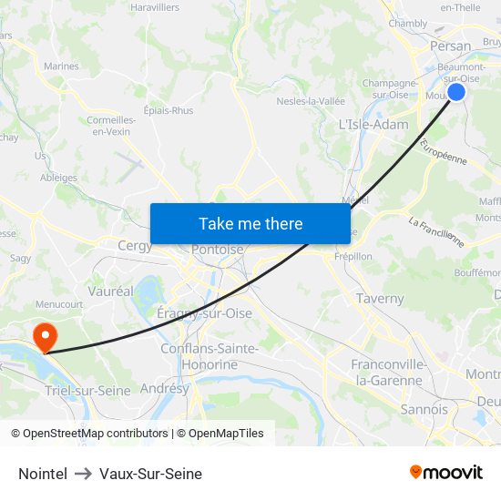 Nointel to Vaux-Sur-Seine map