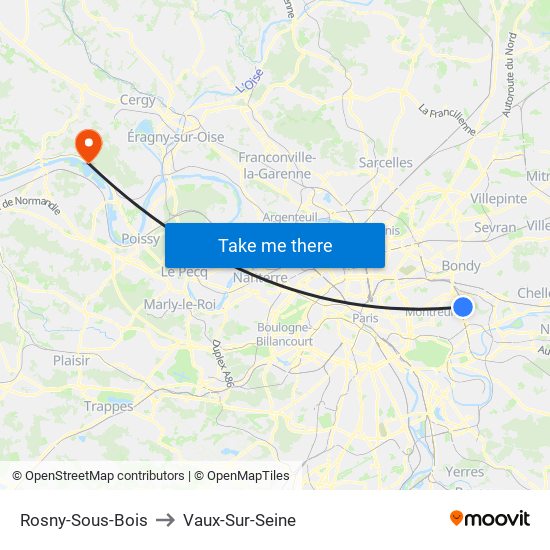 Rosny-Sous-Bois to Vaux-Sur-Seine map