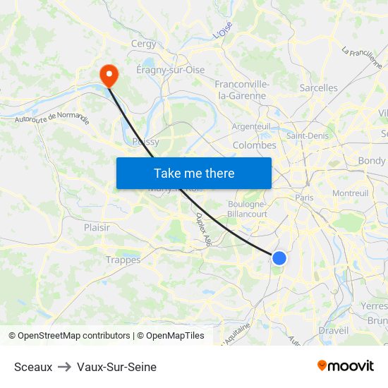 Sceaux to Vaux-Sur-Seine map