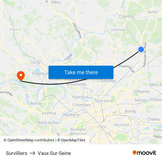 Survilliers to Vaux-Sur-Seine map