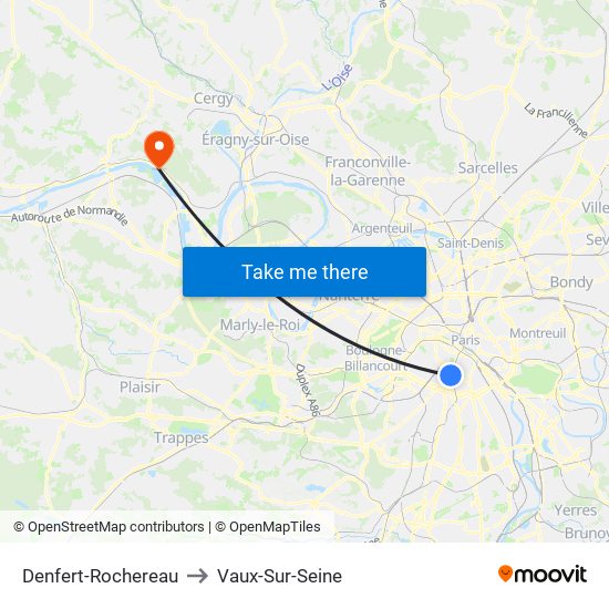 Denfert-Rochereau to Vaux-Sur-Seine map