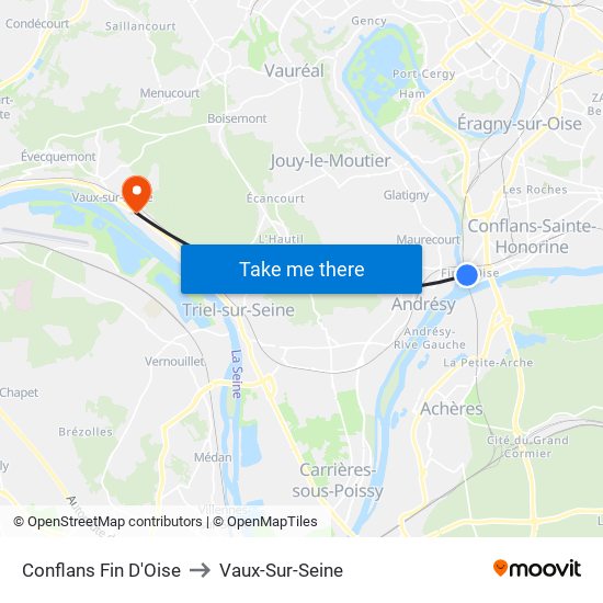 Conflans Fin D'Oise to Vaux-Sur-Seine map