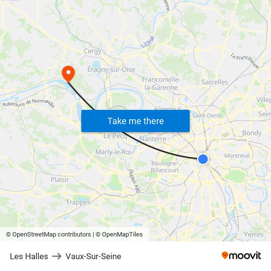 Les Halles to Vaux-Sur-Seine map