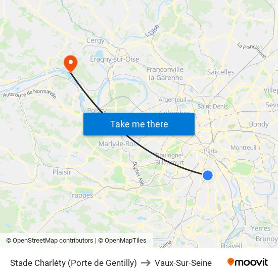 Stade Charléty (Porte de Gentilly) to Vaux-Sur-Seine map