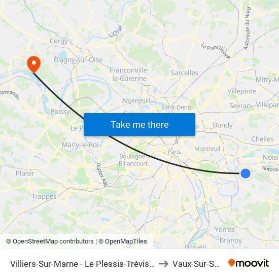 Villiers-Sur-Marne - Le Plessis-Trévise RER to Vaux-Sur-Seine map