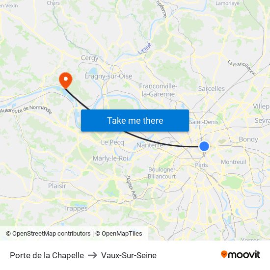 Porte de la Chapelle to Vaux-Sur-Seine map