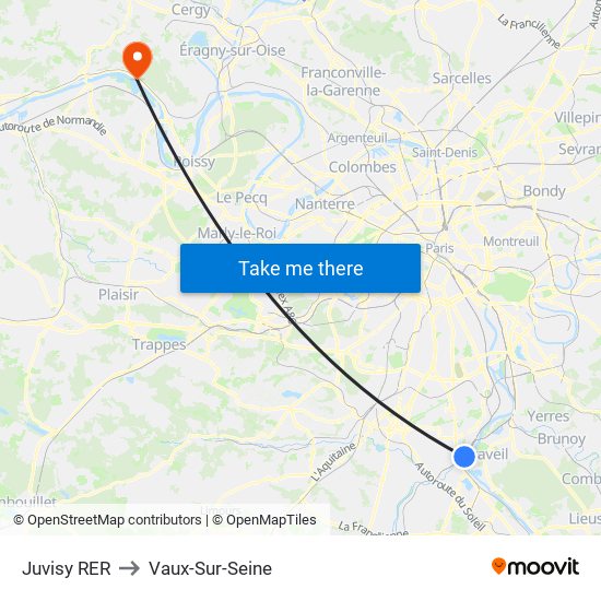 Juvisy RER to Vaux-Sur-Seine map