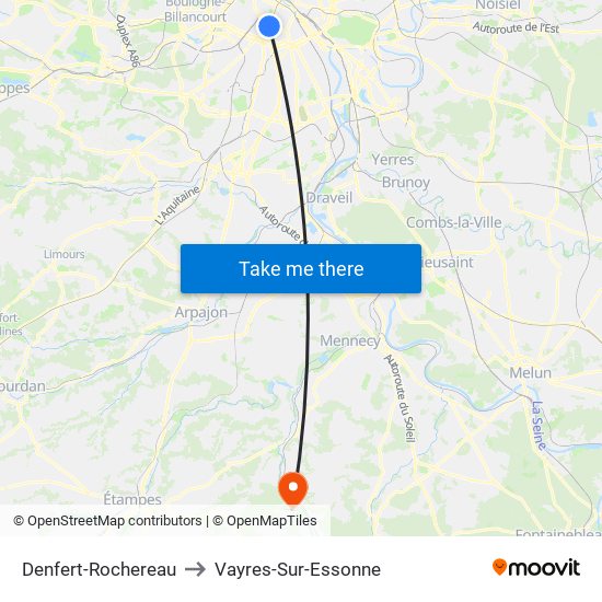 Denfert-Rochereau to Vayres-Sur-Essonne map