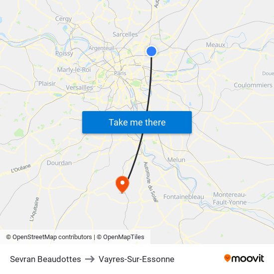 Sevran Beaudottes to Vayres-Sur-Essonne map