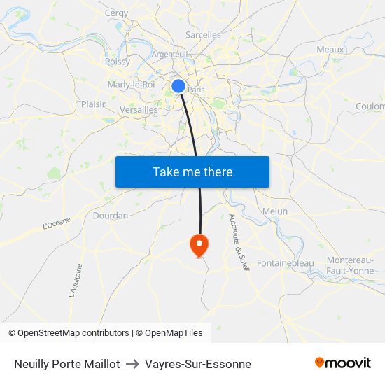 Neuilly Porte Maillot to Vayres-Sur-Essonne map