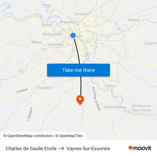 Charles de Gaulle Etoile to Vayres-Sur-Essonne map