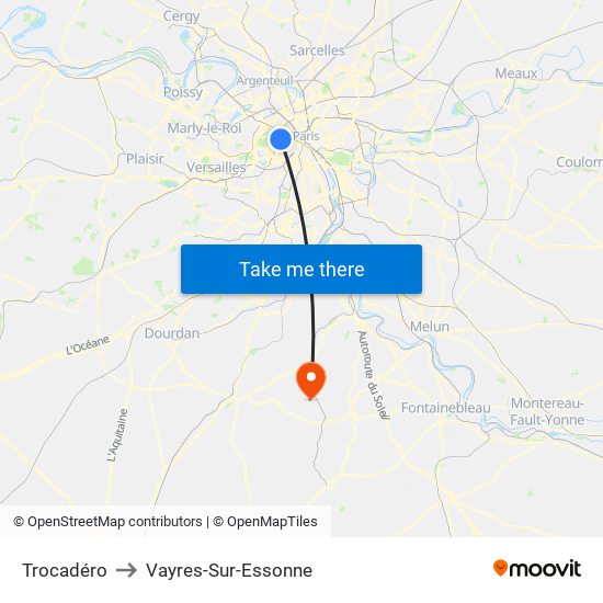 Trocadéro to Vayres-Sur-Essonne map