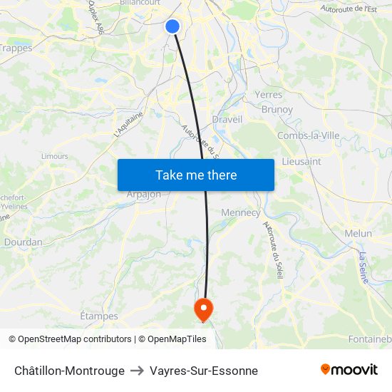 Châtillon-Montrouge to Vayres-Sur-Essonne map
