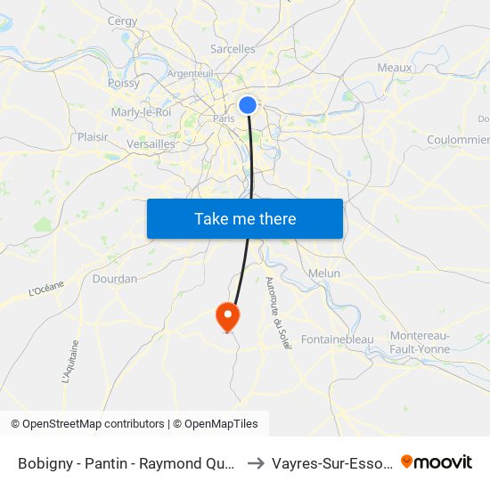 Bobigny - Pantin - Raymond Queneau to Vayres-Sur-Essonne map