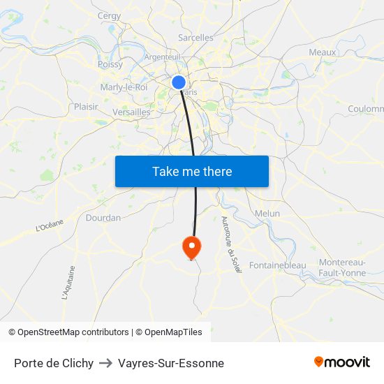 Porte de Clichy to Vayres-Sur-Essonne map