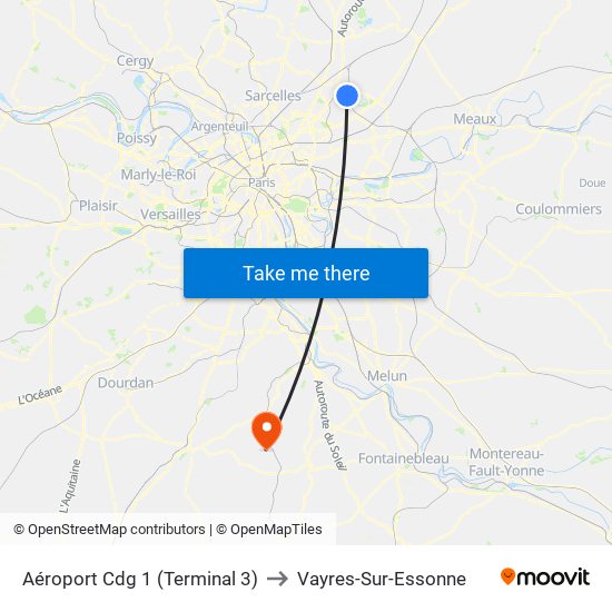 Aéroport Cdg 1 (Terminal 3) to Vayres-Sur-Essonne map