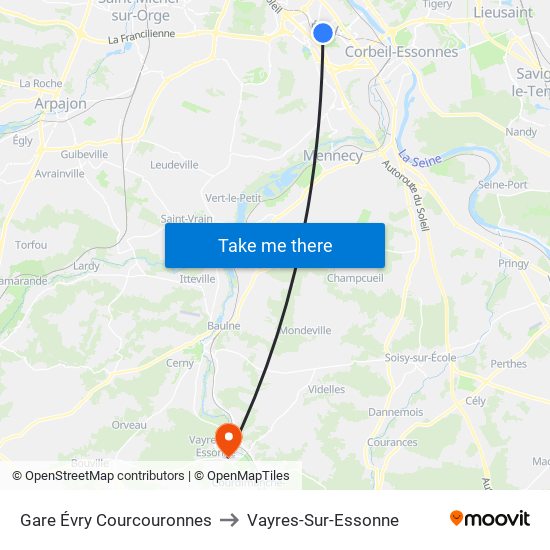 Gare Évry Courcouronnes to Vayres-Sur-Essonne map