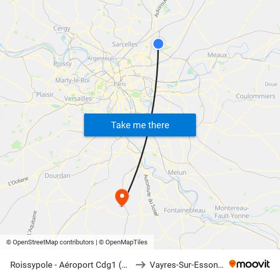 Roissypole - Aéroport Cdg1 (D3) to Vayres-Sur-Essonne map