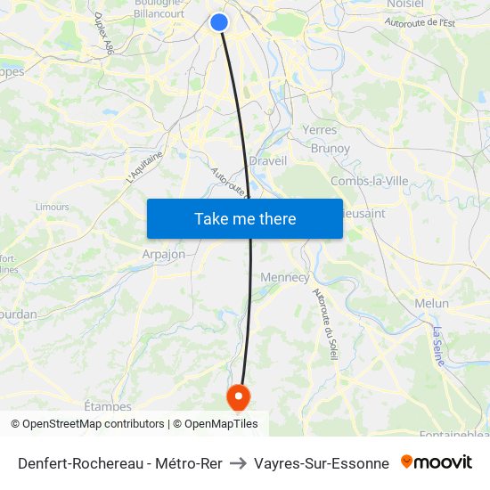 Denfert-Rochereau - Métro-Rer to Vayres-Sur-Essonne map