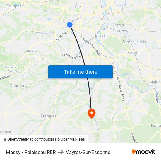 Massy - Palaiseau RER to Vayres-Sur-Essonne map