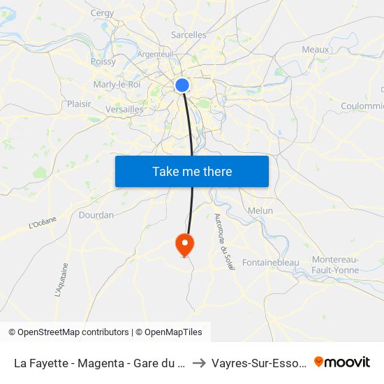 La Fayette - Magenta - Gare du Nord to Vayres-Sur-Essonne map