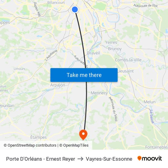 Porte D'Orléans - Ernest Reyer to Vayres-Sur-Essonne map