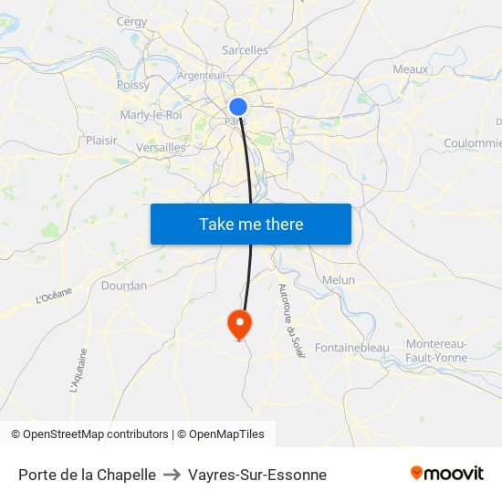 Porte de la Chapelle to Vayres-Sur-Essonne map