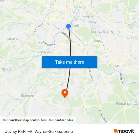 Juvisy RER to Vayres-Sur-Essonne map