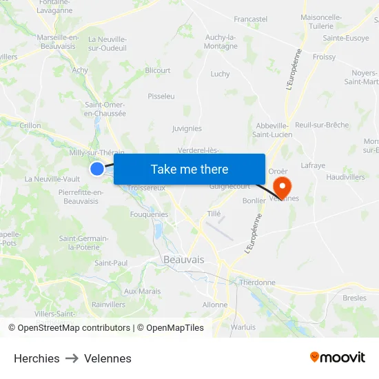 Herchies to Velennes map