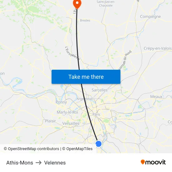 Athis-Mons to Velennes map