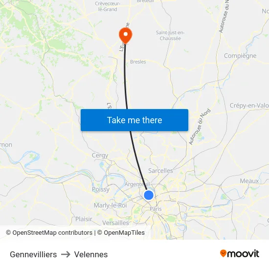 Gennevilliers to Velennes map