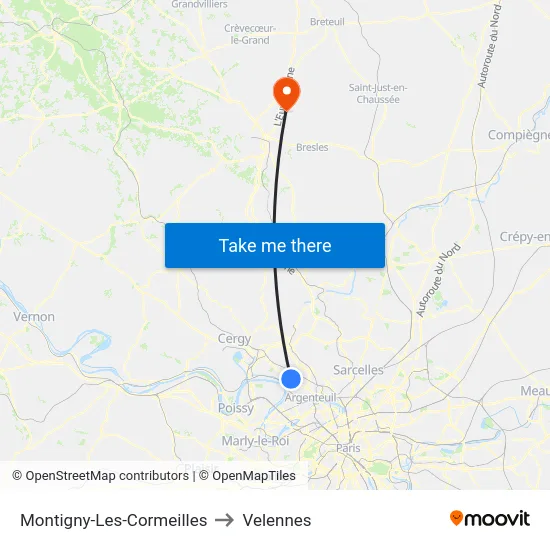 Montigny-Les-Cormeilles to Velennes map