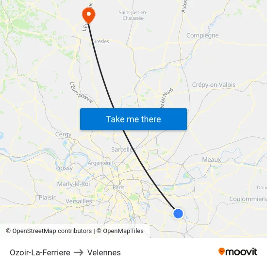 Ozoir-La-Ferriere to Velennes map
