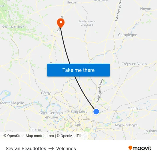 Sevran Beaudottes to Velennes map