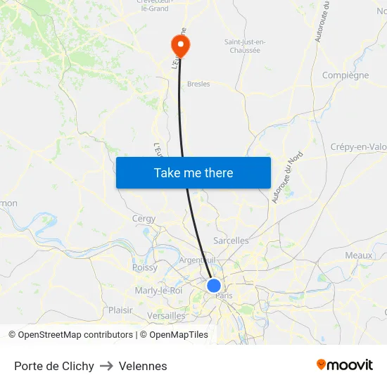 Porte de Clichy to Velennes map