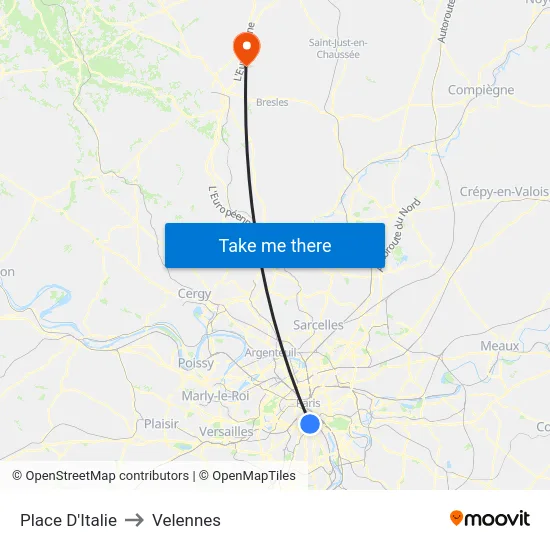 Place D'Italie to Velennes map