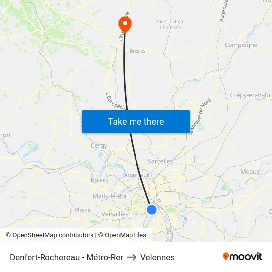 Denfert-Rochereau - Métro-Rer to Velennes map