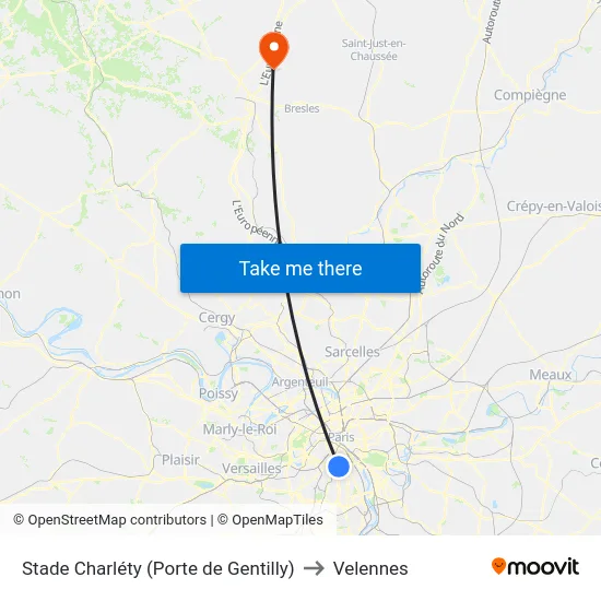 Stade Charléty (Porte de Gentilly) to Velennes map