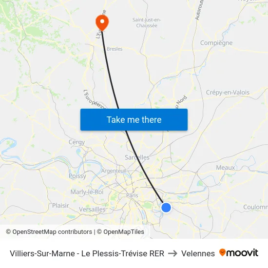 Villiers-Sur-Marne - Le Plessis-Trévise RER to Velennes map